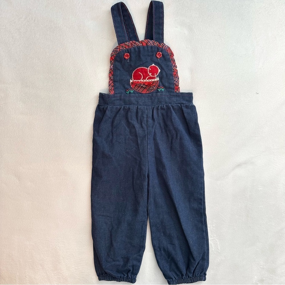 Vintage Health-Tex Girls OVERALLS Blue Plaid CAT Made in USA 2T Toddlers